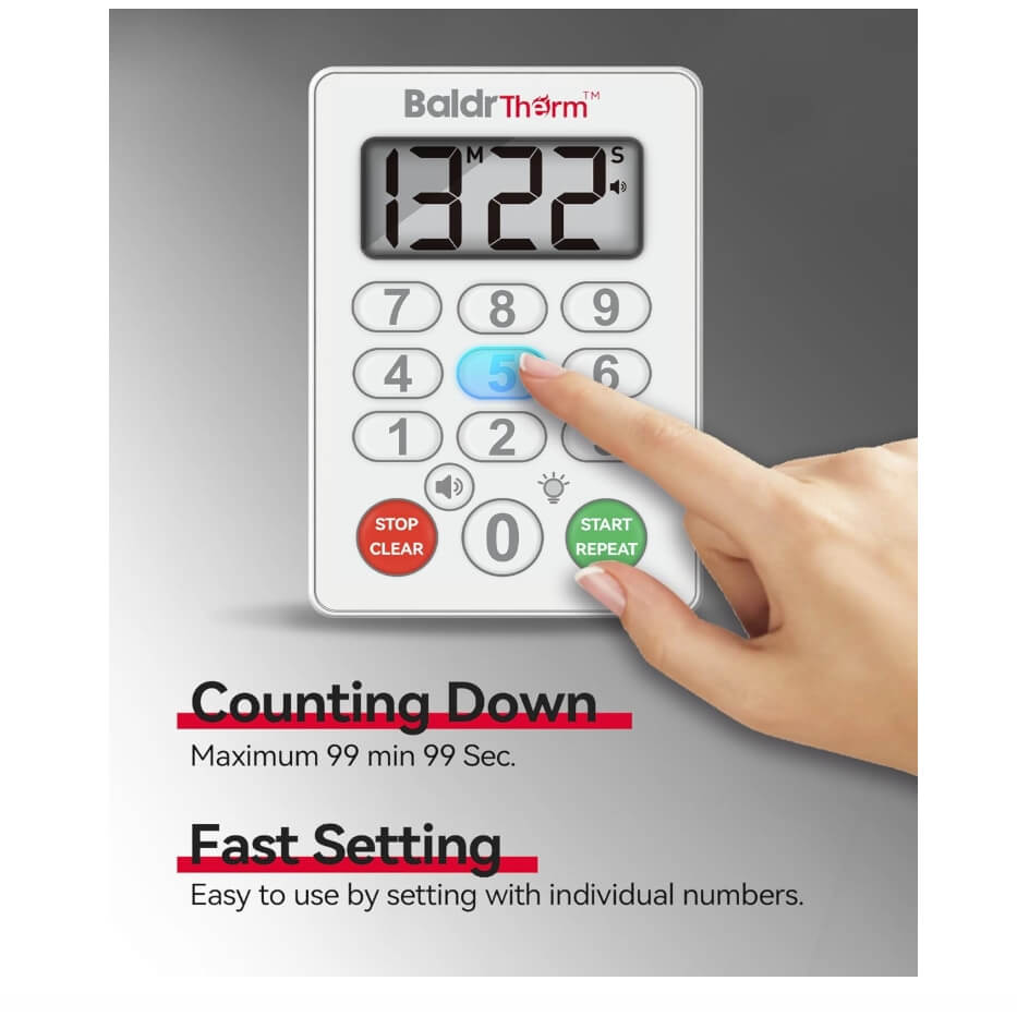 BaldrTherm Digital Kitchen Timer, Magnetic Waterproof Countdown Timer for Cooking, White