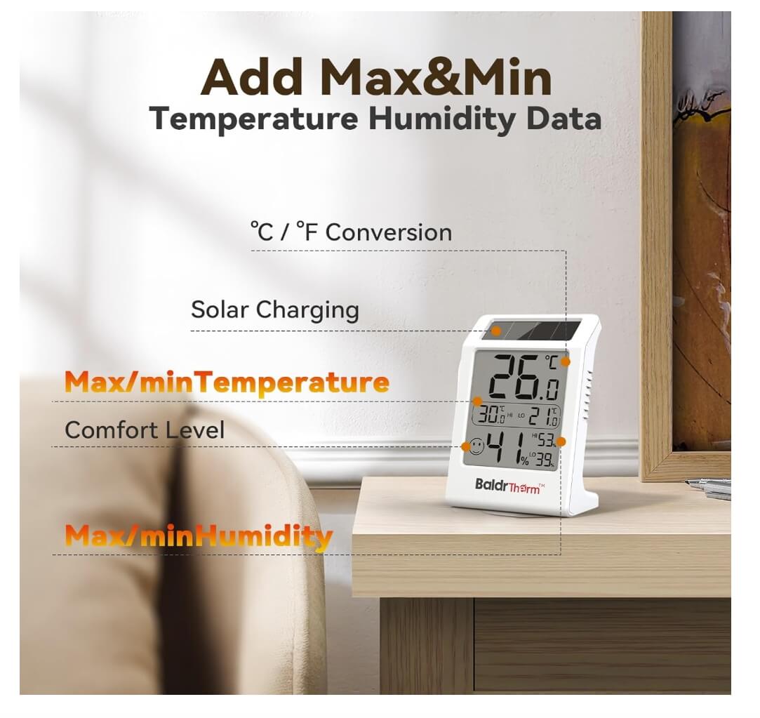 BaldrTherm Humidity Meter Room Thermometer, 3.2''Humidity Gauge for Baby Rooms, Home, Office, 1 Pack