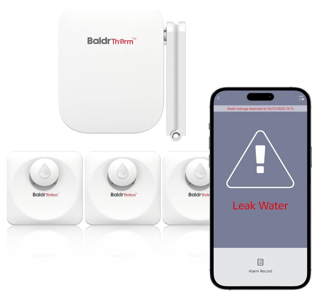 BaldrTherm Water Leak Detector 3-Pack - 100dB Alarm with Smart Alerts for Home and Basement