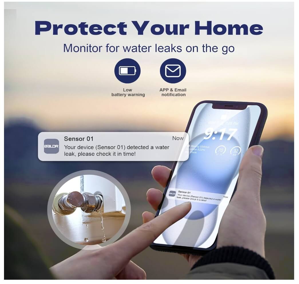 BaldrTherm Water Leak Detector 3-Pack - 100dB Alarm with Smart Alerts for Home and Basement