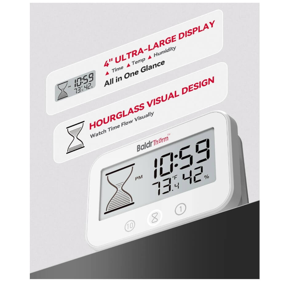 BaldrTherm Shower Clock, Works as a Countdown Timer, Real-time Clock, Hygrometer Thermometer. IP67 Waterproof Safe for Kitchen Bathroom Use. (White)