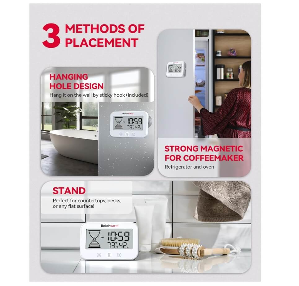 BaldrTherm Shower Clock, Works as a Countdown Timer, Real-time Clock, Hygrometer Thermometer. IP67 Waterproof Safe for Kitchen Bathroom Use. (White)