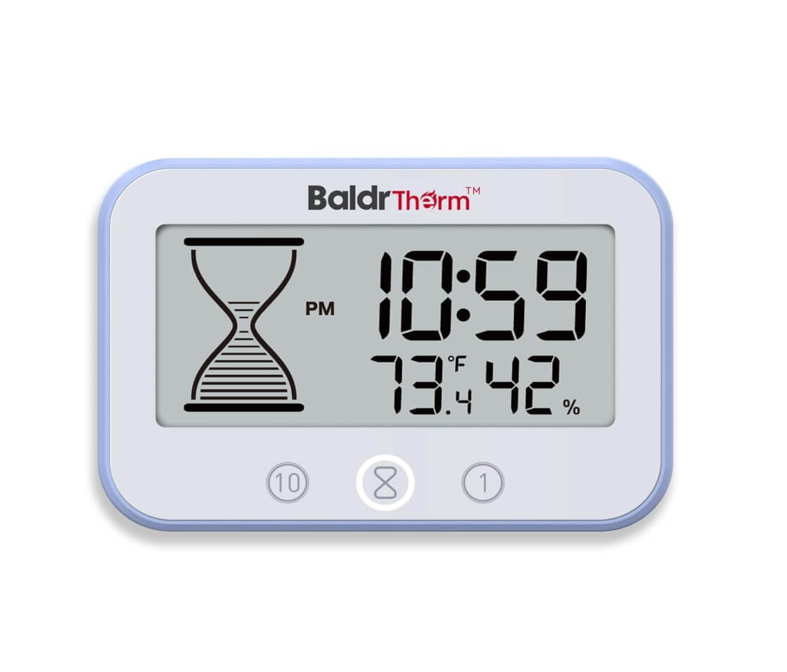 BaldrTherm Shower Clock, Works as a Countdown Timer, Real-time Clock, Hygrometer Thermometer. IP67 Waterproof Safe for Kitchen Bathroom Use. (Blue)