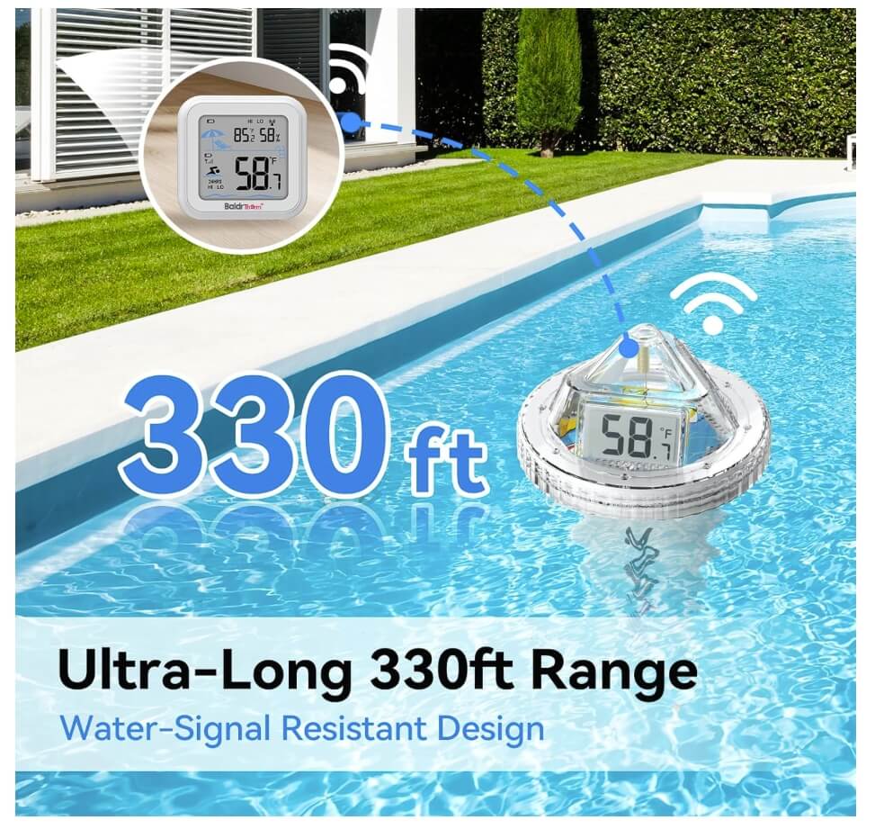 BaldrTherm Pool Thermometer Digital Floating Easy Read, Anti-Fog 360° Reading with Indoor Temperature Humidity Monitor