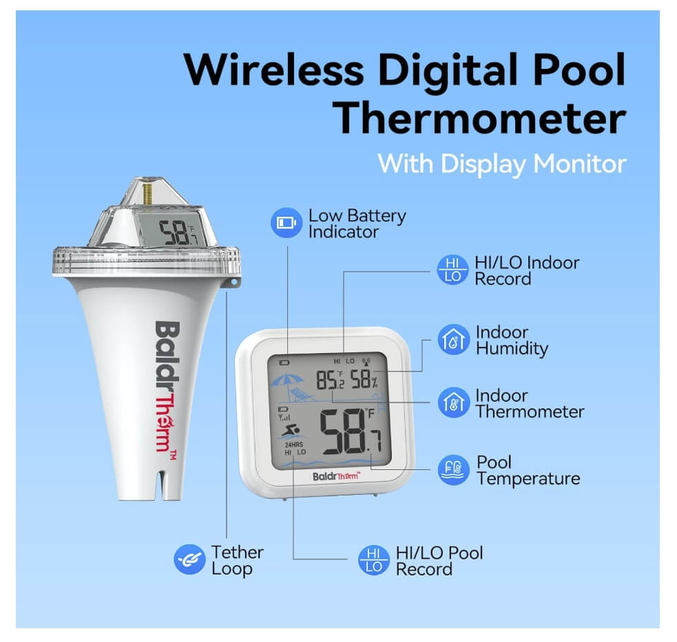 BaldrTherm Pool Thermometer Digital Floating Easy Read, Anti-Fog 360° Reading with Indoor Temperature Humidity Monitor