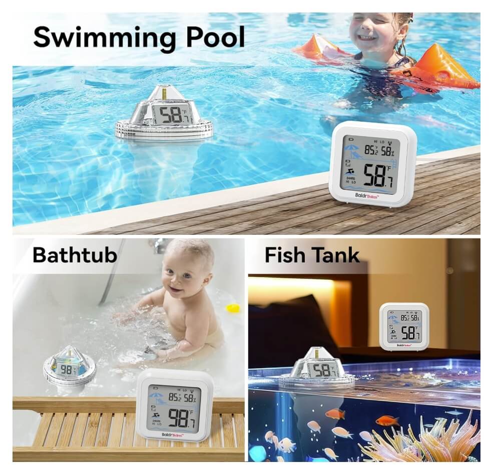 BaldrTherm Pool Thermometer Digital Floating Easy Read, Anti-Fog 360° Reading with Indoor Temperature Humidity Monitor
