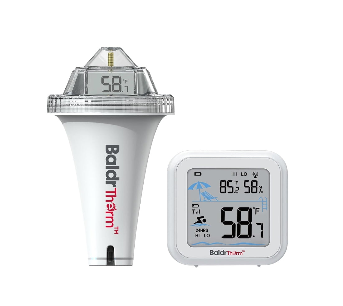 BaldrTherm Pool Thermometer Digital Floating Easy Read, Anti-Fog 360° Reading with Indoor Temperature Humidity Monitor