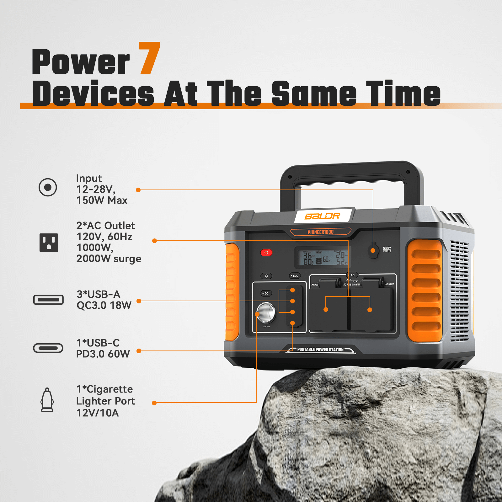 BALDR Portable Power Station, 1000W Output, 808Wh Capacity, AC Outlet, USB Ports, Solar Charging Generator for Home Camping Emergency Use