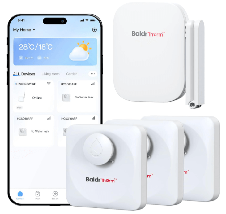 BaldrTherm Water Leak Detector 3-Pack - 100dB Alarm with Smart Alerts for Home and Basement