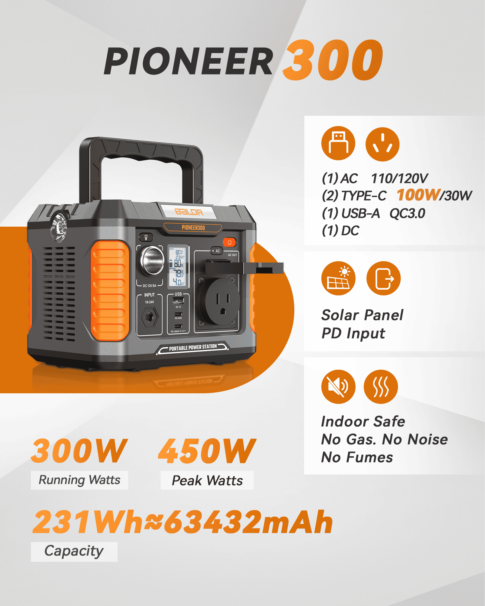 BALDR Solar Generator, 300W Portable Power Station with 60W Solar Panel, for Camping, Emergency Backup