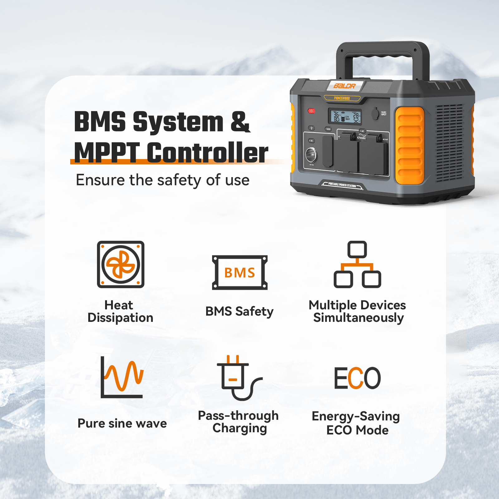 BALDR Portable Power Station, 1000W Output, 808Wh Capacity, AC Outlet, USB Ports, Solar Charging Generator for Home Camping Emergency Use