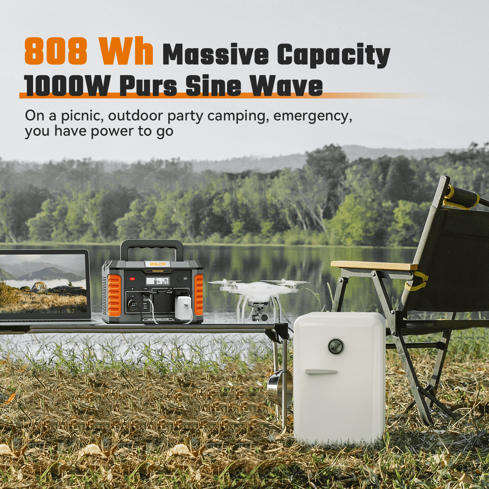 BALDR Portable Power Station, 1000W Output, 808Wh Capacity, AC Outlet, USB Ports, Solar Charging Generator for Home Camping Emergency Use