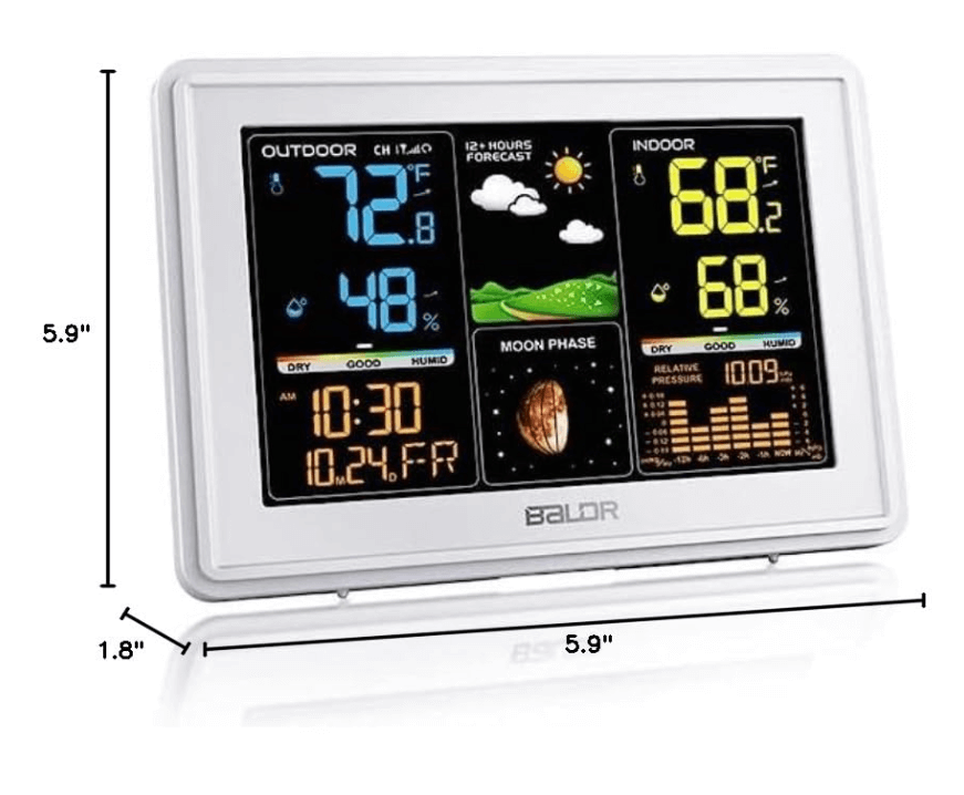 BALDR Wireless Weather Station - Color Digital Thermometer with Atomic Clock, Barometer & Moon Phase,White